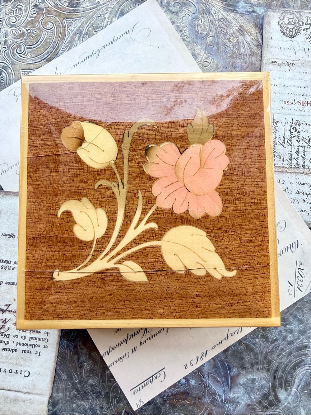 Italian Lacquered Wood Marquetry Box